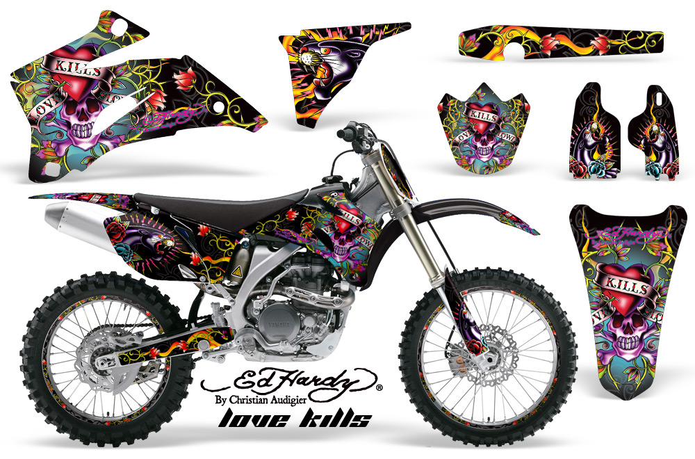 Yamaha YZ 250F 450F 02-09 Graphics Kit Ed Hardy Love Kills Black NPs